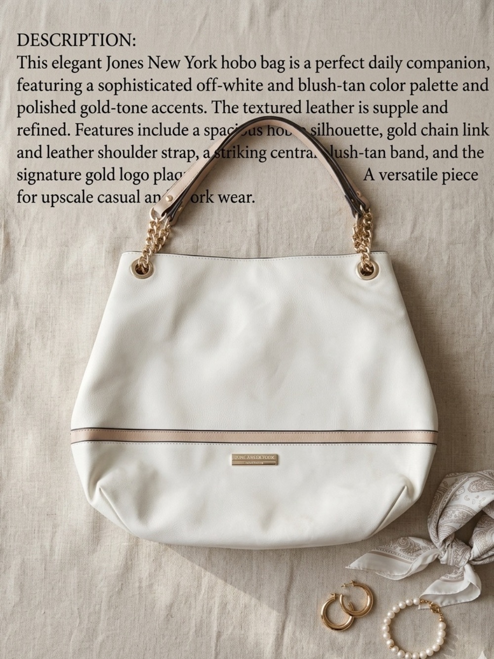 Jones New York Off-White Hobo with Blush-Tan Trim and Gold Hardware